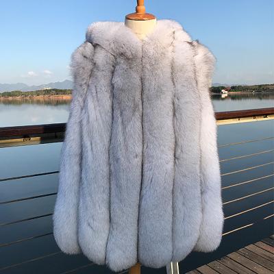 China Wholesale Viable Women's Real Natural Blue Fox Fur Vest With Bigger Fur Hood Winter Women Chunky Fox Fur Vest for sale