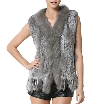 China Real Wearable Winter Women's Real Fur Vest Rabbit Fur Vest With Raccoon Fur Collar Ladies Autumn Rabbit Knitted Vest for sale