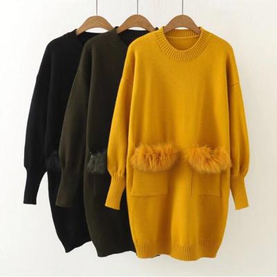 China Breathable Ladies Autumn Winter Knit Turtleneck Sweater Fur Women Sweater With Rabbit Fur Trim On Front Pockets for sale