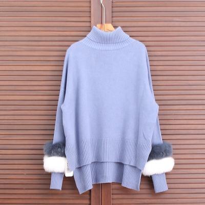 China QUICK DRY Solid Fox Fur Neck Turtleneck High Street Sweater Fox Fur Long Sleeves Sweater Cuffs Winter For Women Party Dress for sale