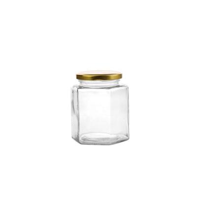 China 500ml Hexagonal Food Squat Glass Jar Hexagonal Clear Honey Jars Block Hexagonal Jars British Style for sale