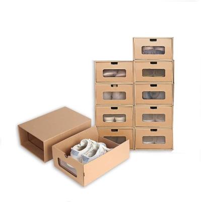 China Handmade Stackable Heavy Shoe Storage Box Kraft Paper Drawer Box Bring Clear Window for sale