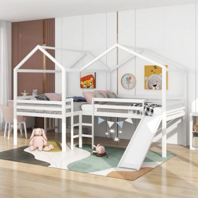 China Modern Children's Playhouse Bedroom Furniture White Wooden Loft Bed With Slide for sale