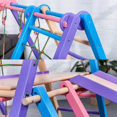 China Small frame wooden-triangle kids indoor playground wooden climbing ladder wooden climbing toy-climb view with slide for sale