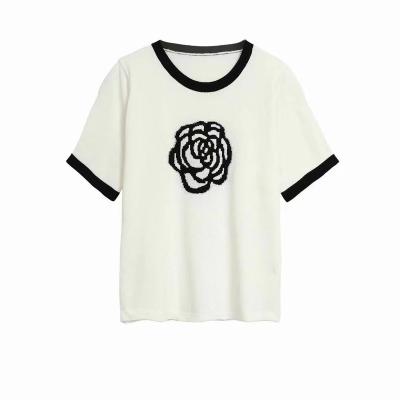 China Cotton Breathable Floral O-Neck Women's Knitted Short Sleeve T-Shirts Women's Short T-Shirt Bottoming Tight Tops 2022 W2 06 for sale