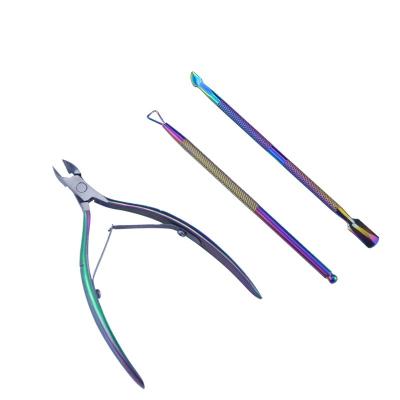 China Color User-Friendly Wholesale Titanium Tweezers Scissors Tool Kit Manicure Three-Piece Set for sale