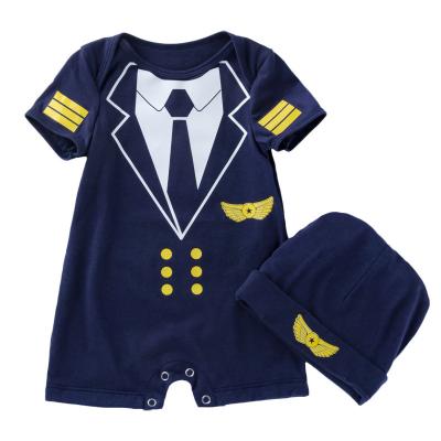 China Breathable Baby Clothes Set 100% Cotton Navy Pilot Uniform Summer Baby Overalls 2 Piece Set 0-2 Years Baby Boy Romper Set With Hat for sale