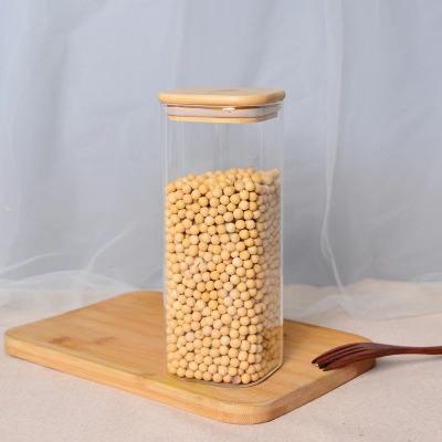 China 10cm*20cm Square Clear Glass Sealed Bamboo Jar Heatable Food Cover Seasoning Milk Powder Candy Coffee Bean for sale