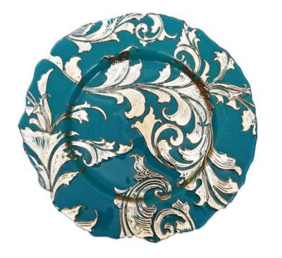 China Disposable Colorful Antique Blue Pattern Glass Charger Plates Wedding Decoration for sale