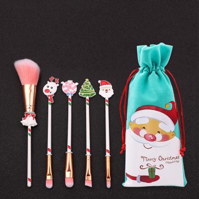 China Christmas Gift Cosmetic Brushes Beauty Needs Synthetic Hair Custom Logo Vegan Unique Wholesale Christmas Cartoon Anime 5 Piece Makeup Brush With Bag for sale