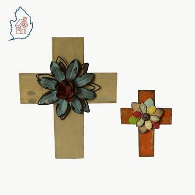 China Europe Customized Unfinished Olive Wood Wall Crosses Handmade With Metal Flower for sale