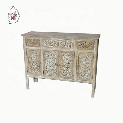 China Solid wood unfinished shabby chic solid wood treasure chest of drawers with carved door and drawers for sale