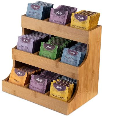 China Sustainable Customized Bamboo Display Stand Tea Bag Sugar Bag Three-Layer Storage Rack for sale