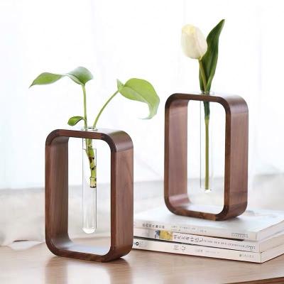 China Eco-friendly Decorative Natural Wood Glass Flower Tube Plant Stand Shengqu Hydroponic Vase For Home Decor Glass Spread Glass for sale