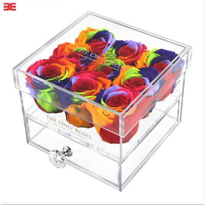 China Pama Low Price Crystal Clear Acrylic Lid Rose Flower High Quality Acrylic Gift Plexiglass Packaging Boxes With Drawer for sale