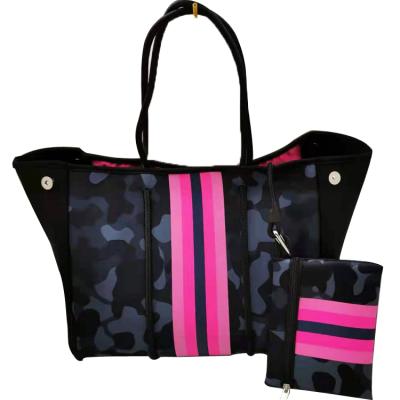 China Other Stripe Design Neoprene Fashion Customized Waterproof Beach Handbag Neoprene Beach Tote Bag for sale