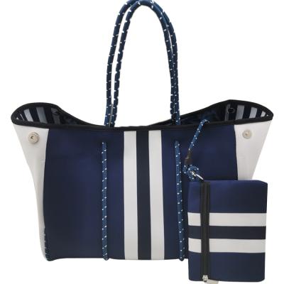 China Other Stripe Design Neoprene Fashion Customized Waterproof Beach Handbag Neoprene Beach Tote Bag for sale