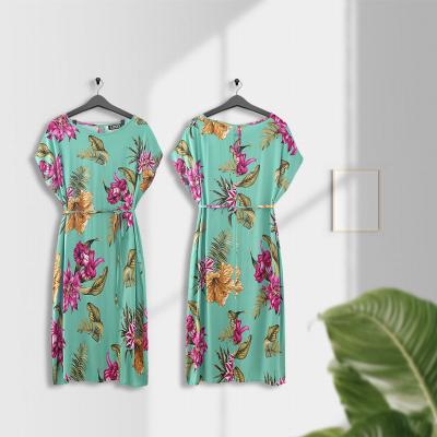 China Dry Cleaning Summer Ladies Casual Belts For Dress Short Sleeve Green Print Flower Dresses Women for sale