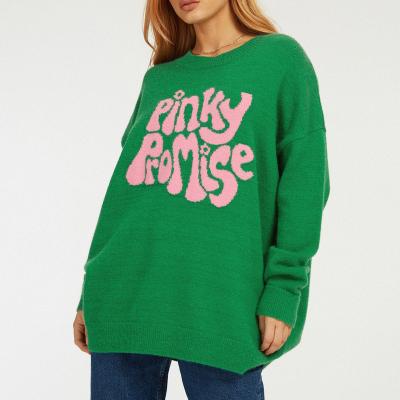 China Wholesale custom anti-pilling women's jacquard letter loose knit lulees jumper in pinkish green promise sweater for sale