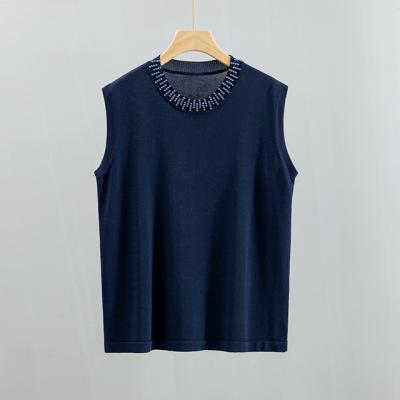 China Anti-pilling Navy Fashion Knitting OEM Women Sweater Sleeveless Custom Vest Beaded Neck for sale