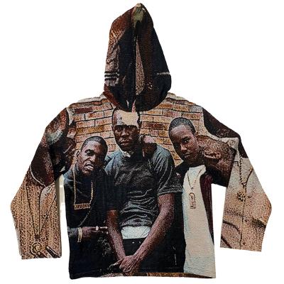 China Custom wholesale anti-pilling men's hiphop Streetwear jacquard tapestry woven hoodie loose hooded sweater custom for sale