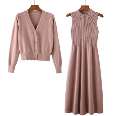 China 2022 Wholesale Anti-Wrinkle New Autumn Long Sleeved Sweater Dress Early Two Piece Sweater Skirt Loose Knit Work Dresses Women Office for sale