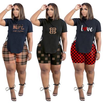 China Breathable F2692 Y2K Plus Size Casual Letter Print Plaid two piece short set women summer clothing for sale