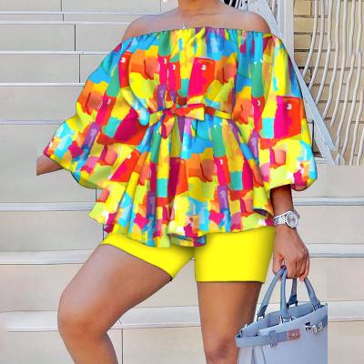 China Breathable F2758 Print Ladies spring print Casual Off Shoulder Puff Sleeve plus size short sets women two piece for plus size women for sale