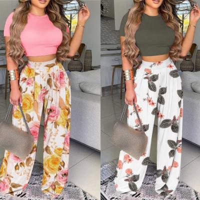 China Breathable F1514 Plus Size Casual flowers Print two piece Wide leg pants set women clothing for sale