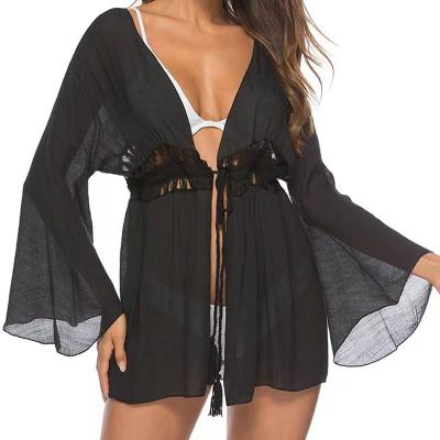 China Swimwear 2022 Breathable With Casual Beach Cover-Up Blouse For Women Kimono Cardigan Solid Color Belt Stitching Blouse for sale