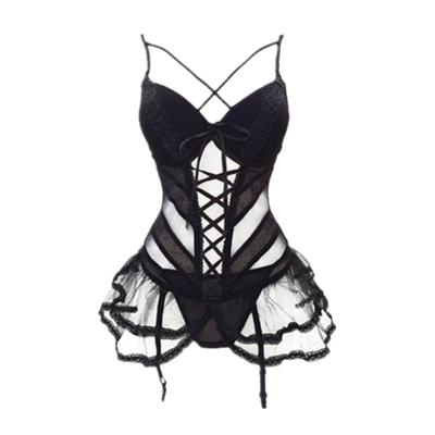 China Hot Selling Suspender Ladies Sexy Mature Woman Lingerie Black Sexy Lace Shorts Transparent Nightgown for sale