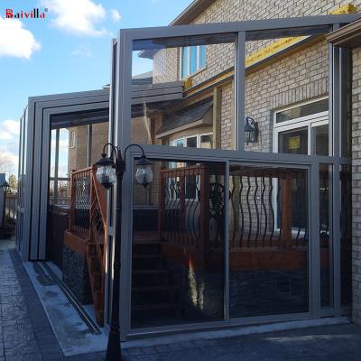 China Retractable Polycarbonate Swimming Pool Modern Balcony Fences 4 Season Aluminum Frame Arc Roof Sunroom for sale