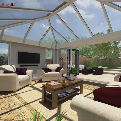 China EUROPEAN Conservative Tempered Glass Roof Sunroom Prefab Glass House With Energy Solutions Bi-Fold Patio Door for sale