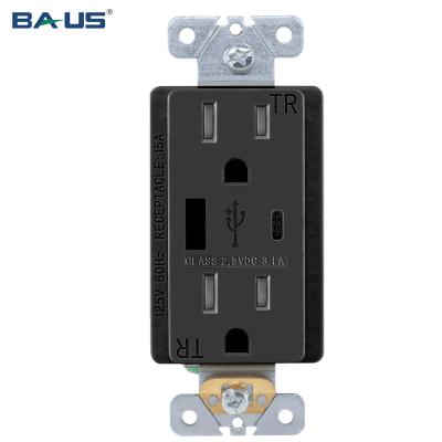 China Type A Type C USB Ports Outlet FTR15 Charging Type A Type C Dual USB Outlet With Black Color 3.1Amp USB Charger Outlet High Speed ​​USB Wall 15A for sale