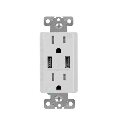 China 2 Charging Ports USB Outlet FTR 15A 125V Usb Charger With TR Outlet In 3.6 Outlet , Wall Usb White Color for sale