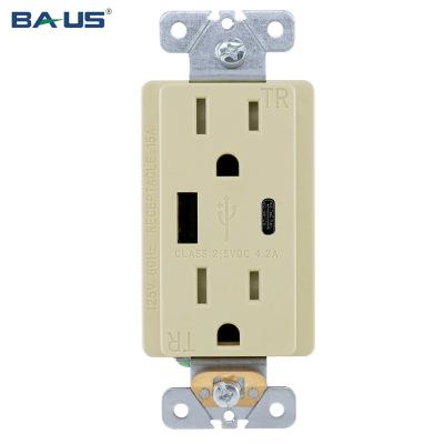 China Type A Type C USB Ports Outlet FTR15 Charging Type A Type C USB Charger Outlet With Dual USB Outlet USB Wall Outlet White Color 4.2 Amp 15A for sale