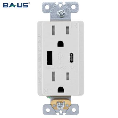 China Type A Type C USB Ports Outlet FTR15 Charging Type A Type C USB Charger Outlet With Dual USB Outlet Wall Outlet White Color 4.2 Amp 15A for sale