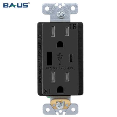 China Type A Type C USB Ports Outlet FTR15 Charging Type A Type C USB Charger Outlet With Outlet Double USB Color 4.2 Amp 15A Black USB Outlet amazon smart plug for sale