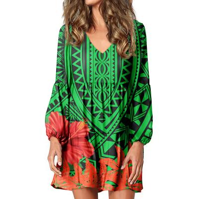 China Sustainable NEW Designs Green Polynesian Women Long Sleeve V-Neck Dress Samoan Tribal Style Custom Girl Casual Loose Dresses Dress for sale