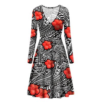 China Sustainable Plus Size Women's Clothing Polynesian Tribal Samoa Hawaiian Pink Tapa Flower Print Custom Long Sleeve V Neck Floral Midi Dresses for sale