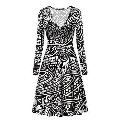 China Sustainable Elegant Polynesian Traditional Tribal Print Custom V-Neck A-line Skirts Flower Girls' Long Dresses Women Lady Long Sleeve Dress for sale