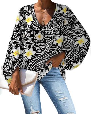 China QUICK DRY Wholesale Polynesian Traditional Tribal Design Pattern Lantern Sleeve Blouse Tops Loose Chiffon Shirts Clothes Women Clothing for sale