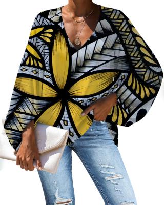 China Anti-pilling Hawaii Plumeria Polynesian Tribal Tattoo V-neck Sexy Oversize Tops Chiffon Blouses Summer Long Puff Sleeve Beach Shirt For Lady for sale