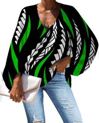 China Anti-pilling Hot Selling Polynesian Green Blouse With Golden Tribal Tattoo Print Big Size Casual Chiffon Tops Fall Lantern Sleeve Lady Shirts for sale