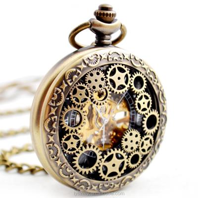 China Wholesale Antique Cavity Bronze Manual Gear Watches Roman Key Chain Retro Mechanical Pocket Watch for sale