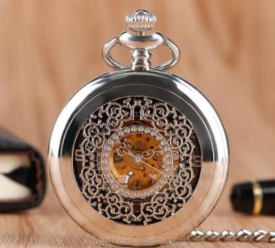 China Retro Cavity Gold Manual Wind Key Chain Antique Mechanical Silvery Black Pocket Watch for sale