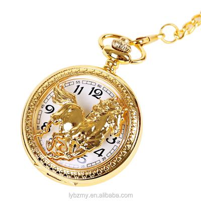 China Vintage Horse Gold Quartz Clock Mens Womens Antique Necklace Chain Pendant FOB Pocket Watch for sale