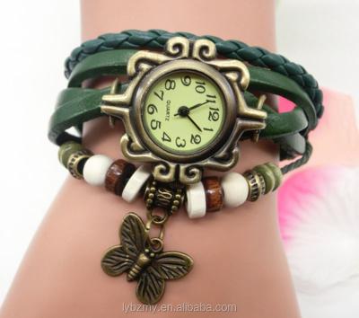 China Wholesale Handmade Leather Braided Bead Wrap Leather Bracelet Butterfly Charm Non-Specific Wood Watch for sale