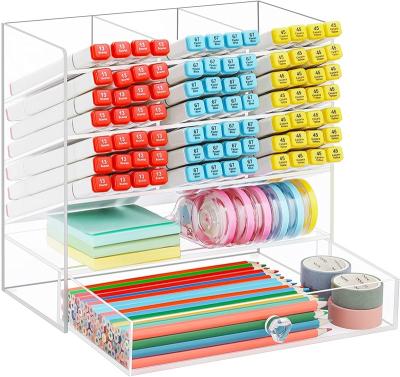 China 9.45*4.72*8.67in Pen Organizer Storage Upgraded Acrylic Desk Clear Organizer with 10 Compartments + Drawers Pen Organizer for Office Desk Art for sale