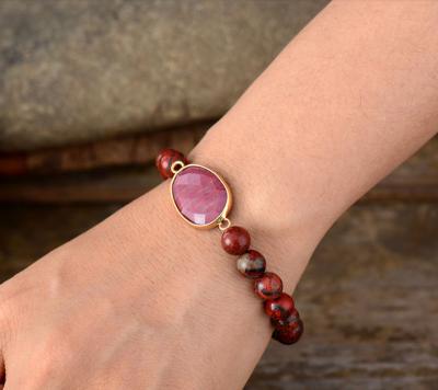 China Ethnic High End Women Bead Charm Red Stretch Rhodonite Bracelets Jasper Strand Bracelet Jewelry Wholesale Elastic for sale